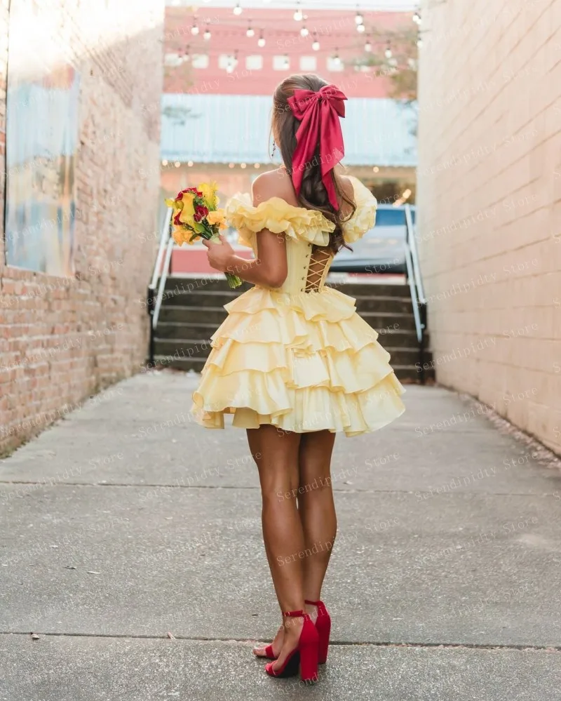 SERENDIPIDTY-vestido de satén en capas con volantes, hombros descubiertos, amarillo, longitud Mini, ropa de mujer, flores con cordones en la espalda, vestido de fiesta de noche