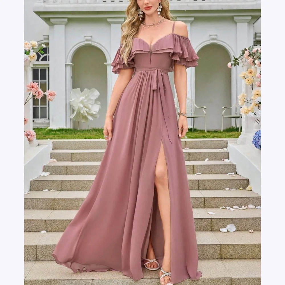 

2025 New Prom Dresses Pleat Sweetheart Spaghetti Straps Side Slit Chiffon Party Dress Ruched Draped Floor Length Banquet Gown