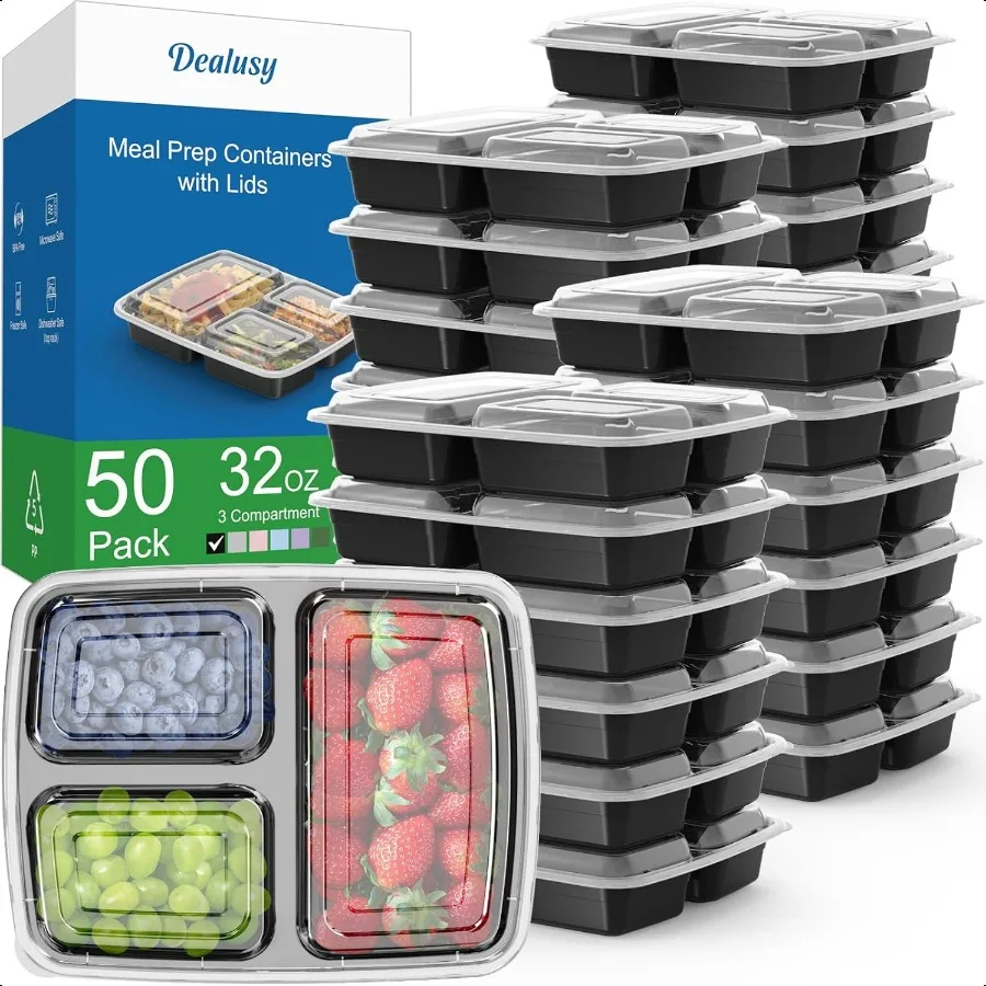 

50 Pack 100Piece 32 oz Meal Prep Containers Reusable with Lids 3Compartment To Go Take Out Plastic Food Storage Containers Stur