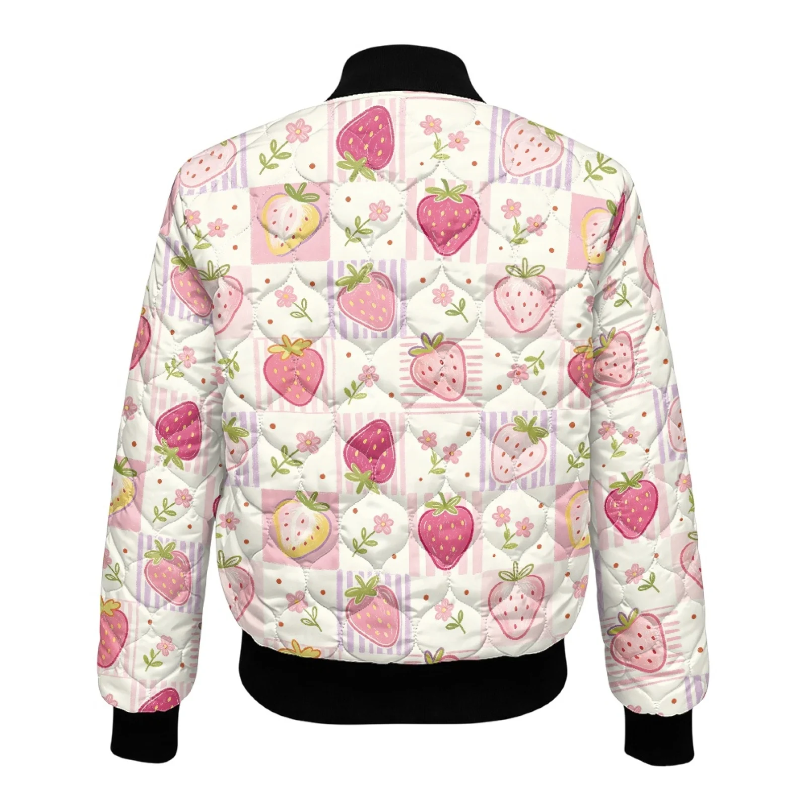 PENSTROLL Pink Strawberry Ladies Zip Front Quilted Padded Outerwear for Outdoor Fashion Winter Quilted Jackets for Travel