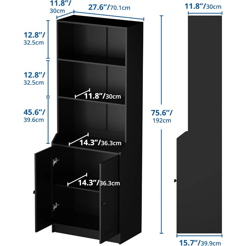 رف كتب كبير بطول 5 طبقات مع خزانة تخزين بعمق 15.7، وخزانة كتب قائمة بذاتها مع بابين لجهاز مادة القراءة الواسعة