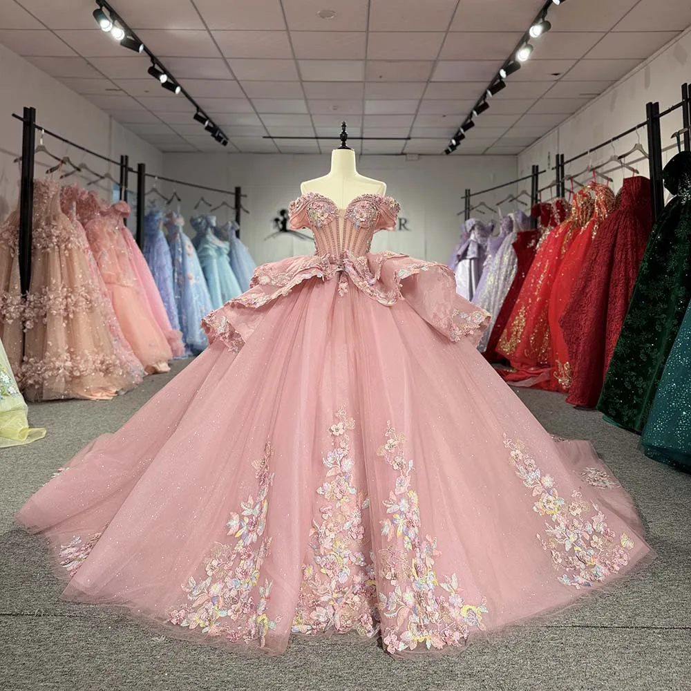 Pink Quinceanera Dress Ball Gown Off Shoulder 3D Flower Applique Big Bow Tulle Skirt Train Custom Made Vestido de 15 Años