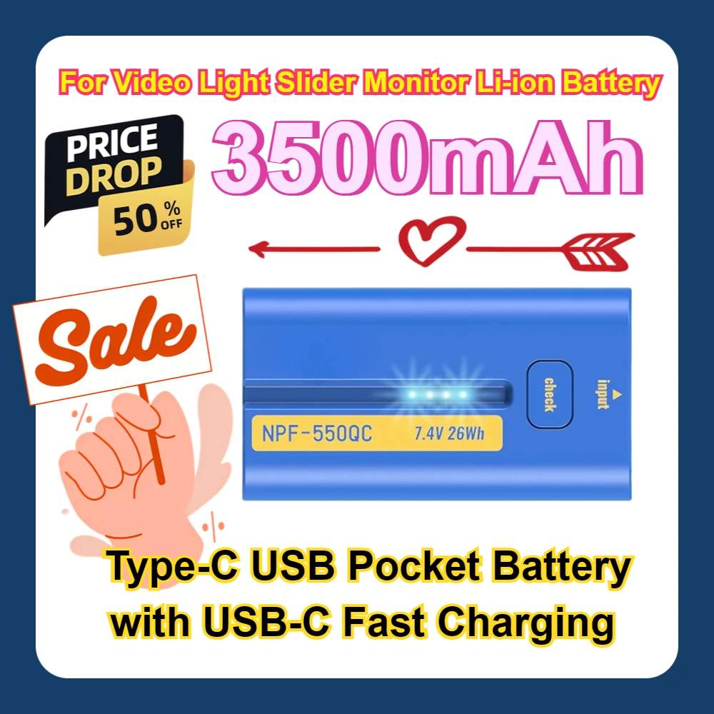 

For Video Light Slider Monitor Li-ion Battery Type-C USB Pocket Battery with USB-C Fast Charging 3500mAh