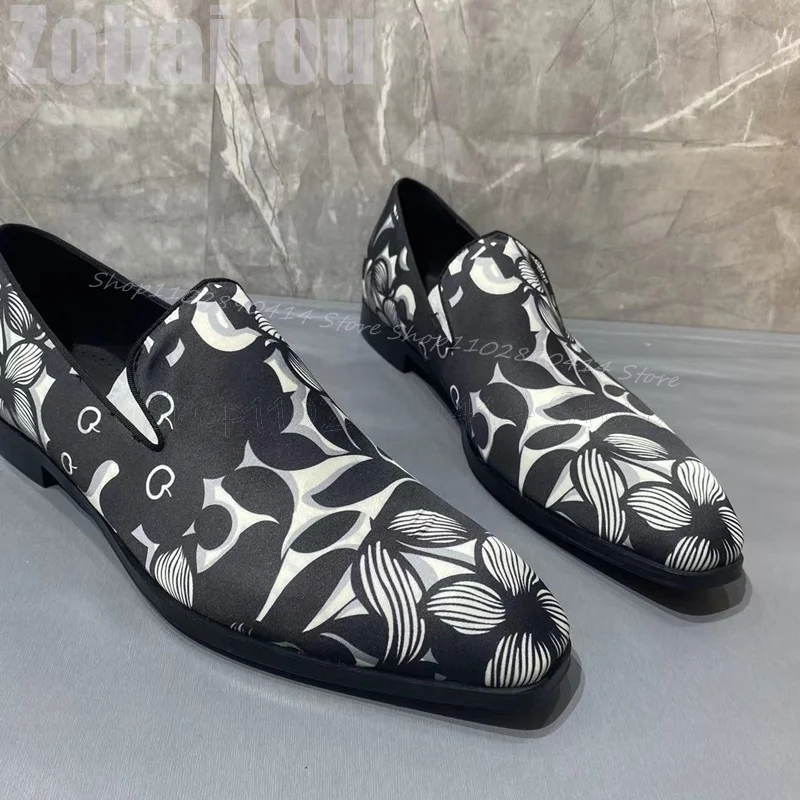 플로럴 프린트 스퀘어 토 로우탑 남성 로퍼 패션 슬립온 남성 신발 명품 수제 파티 연회 데이트 남성 드레스 슈즈