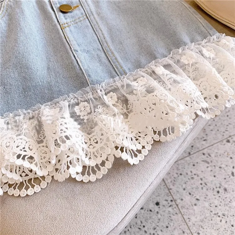 2024 Summer New Baby Girls Loose Short Skirt Children\'s Clothing Sweet Lace Patchwork Denim Skirt For Girls Versatile Skirt