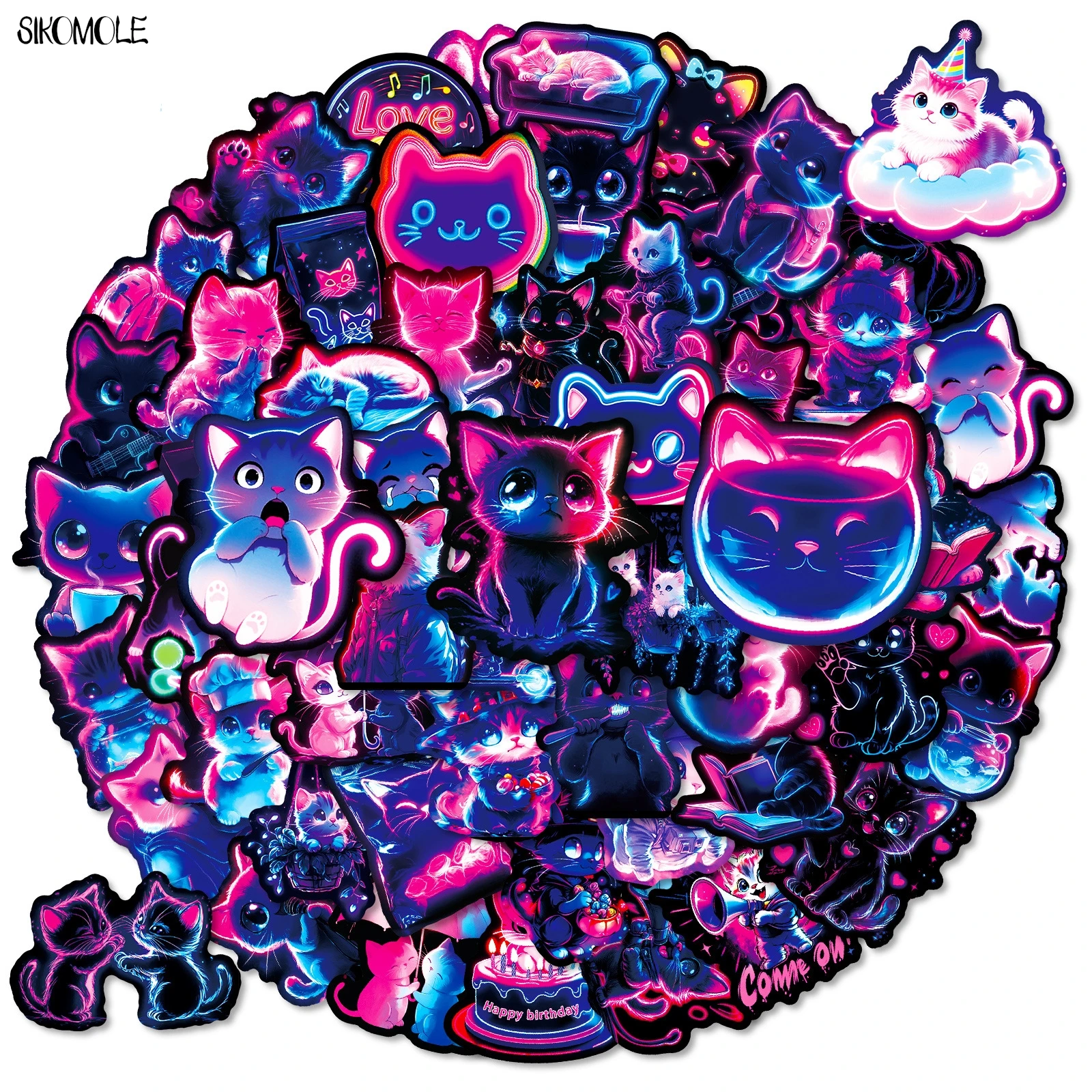 10/30/50PCS Neon Cats Graffiti Stickers Cartoon Colorful Lights Science Fiction PVC Decoration Laptop Guitar Waterproof Sticker