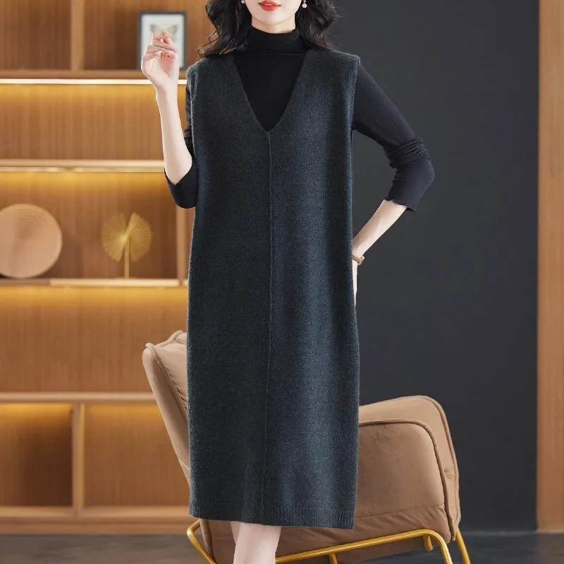 Colete de cor sólida sem mangas com decote em V saia suéter para mulheres outono inverno colete de malha quente suéter camadas para deslocamento