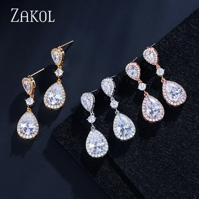 ZAKOL Shinny Water Drop Cubic Zirconia Dangle Earrings for women Exquisite Bridal Wedding Party Jewelry EP2288