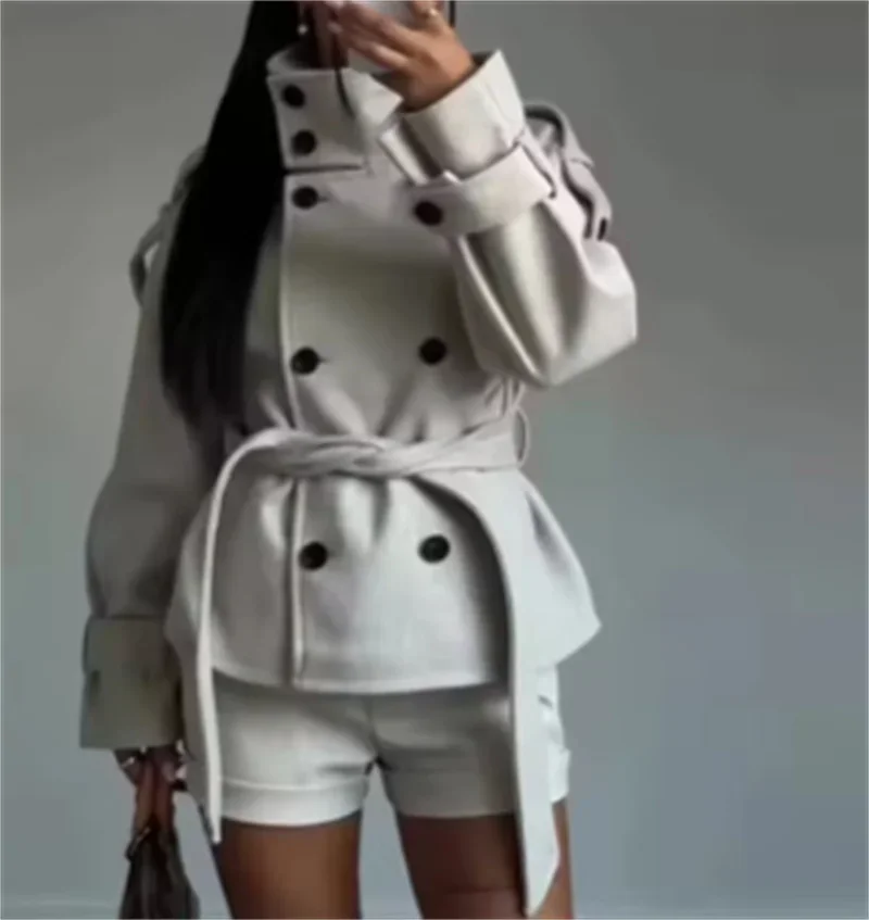 Guobioziy 2026 Early Autumn Women Soft Coat, Simple Stand Collar Double-Breasted Tie Belt Outerwear