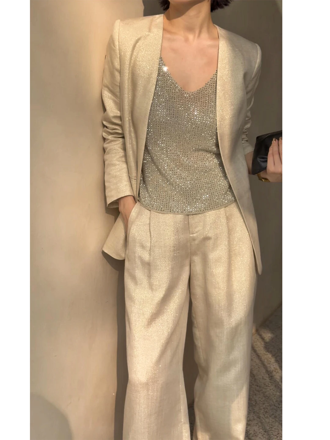 Casual Linen Suit Set Women's Autumn Commute Leisure Neckless Two-Piece Suit Minimalist Relaxing Old Money Style Fashion Set