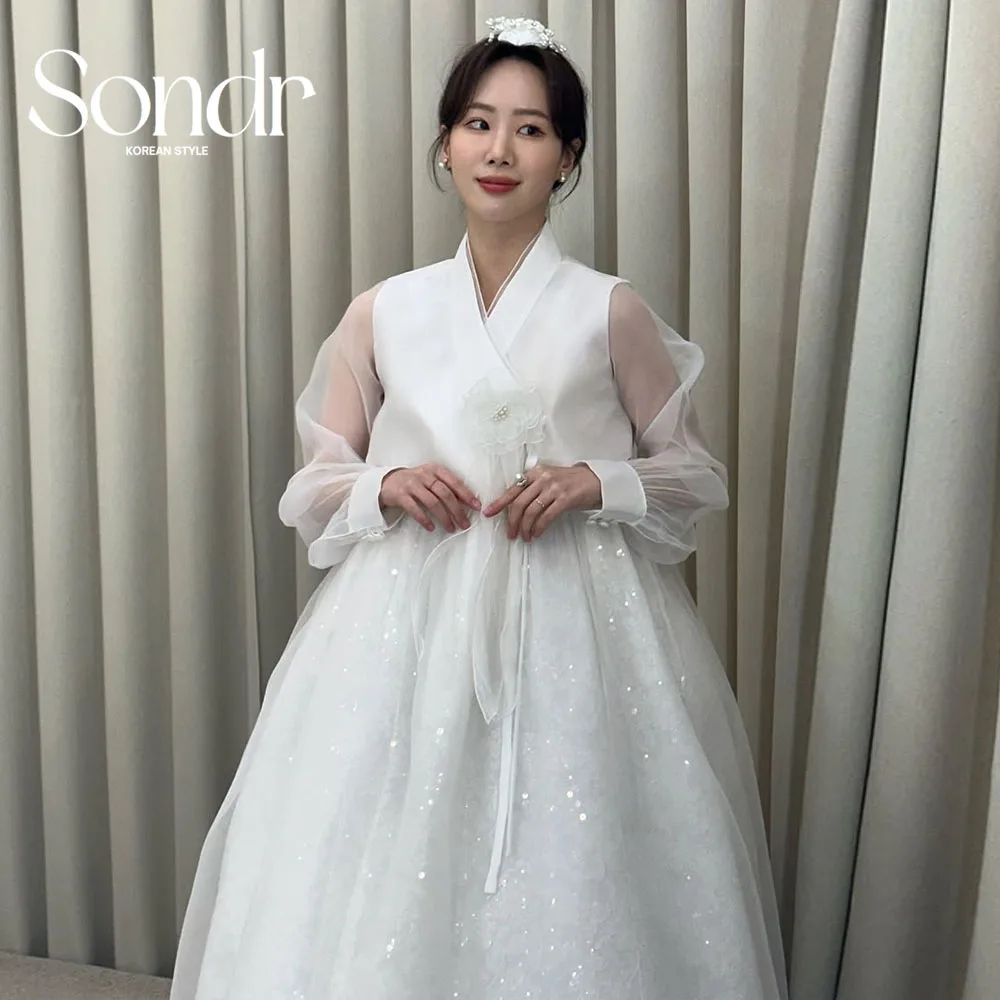 

Sondr индивидуальные ханбок корейские традиционные свадебные платья с v-образным вырезом и длинными рукавами с цветочной аппликацией блестящее тюлевое свадебное платье