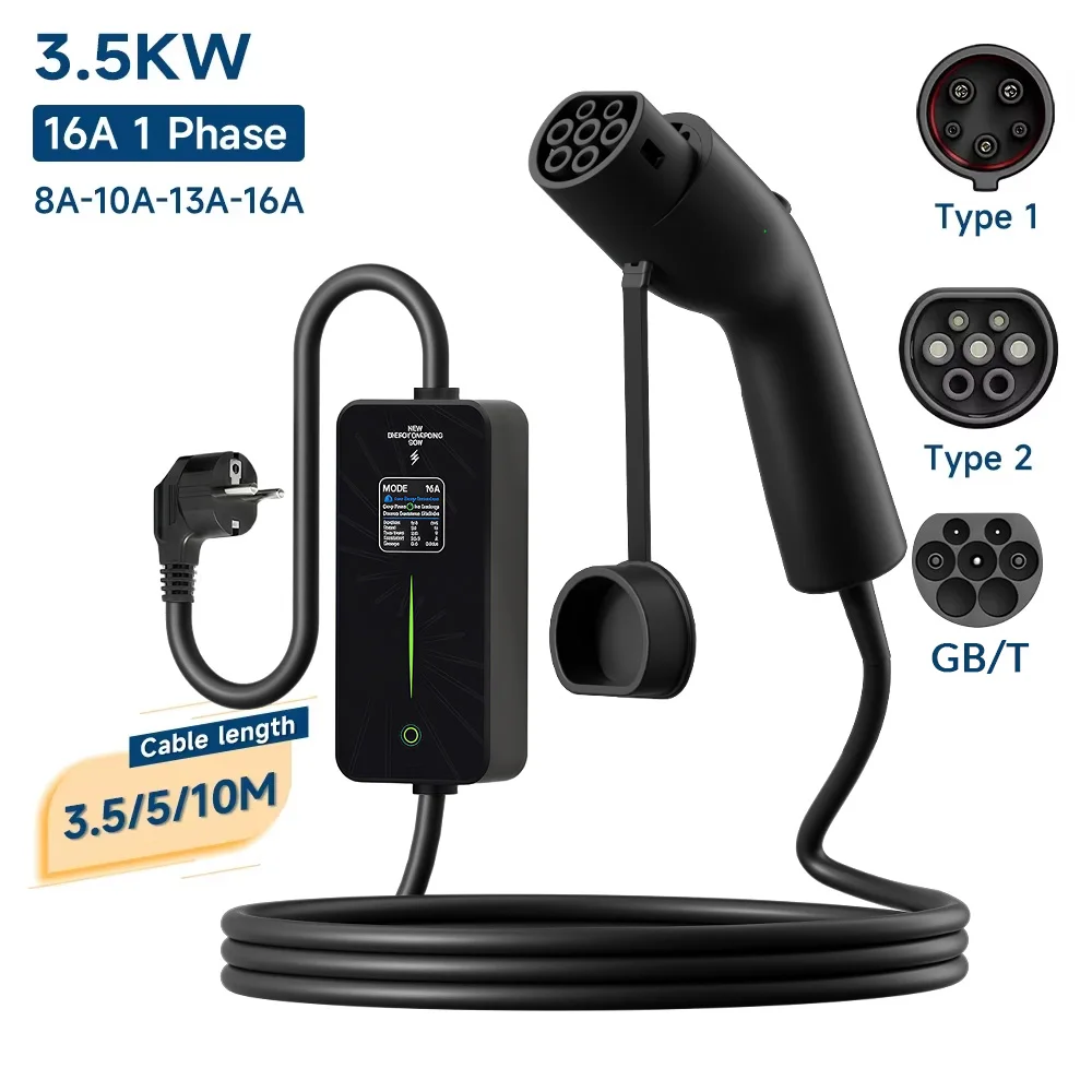 3.5KW Portable EV Charger 3M-10M Cable Type2 IEC62196/ GB/T Connector 16A 1Phase EU plug Wallbox Charging for Electric Vehicle