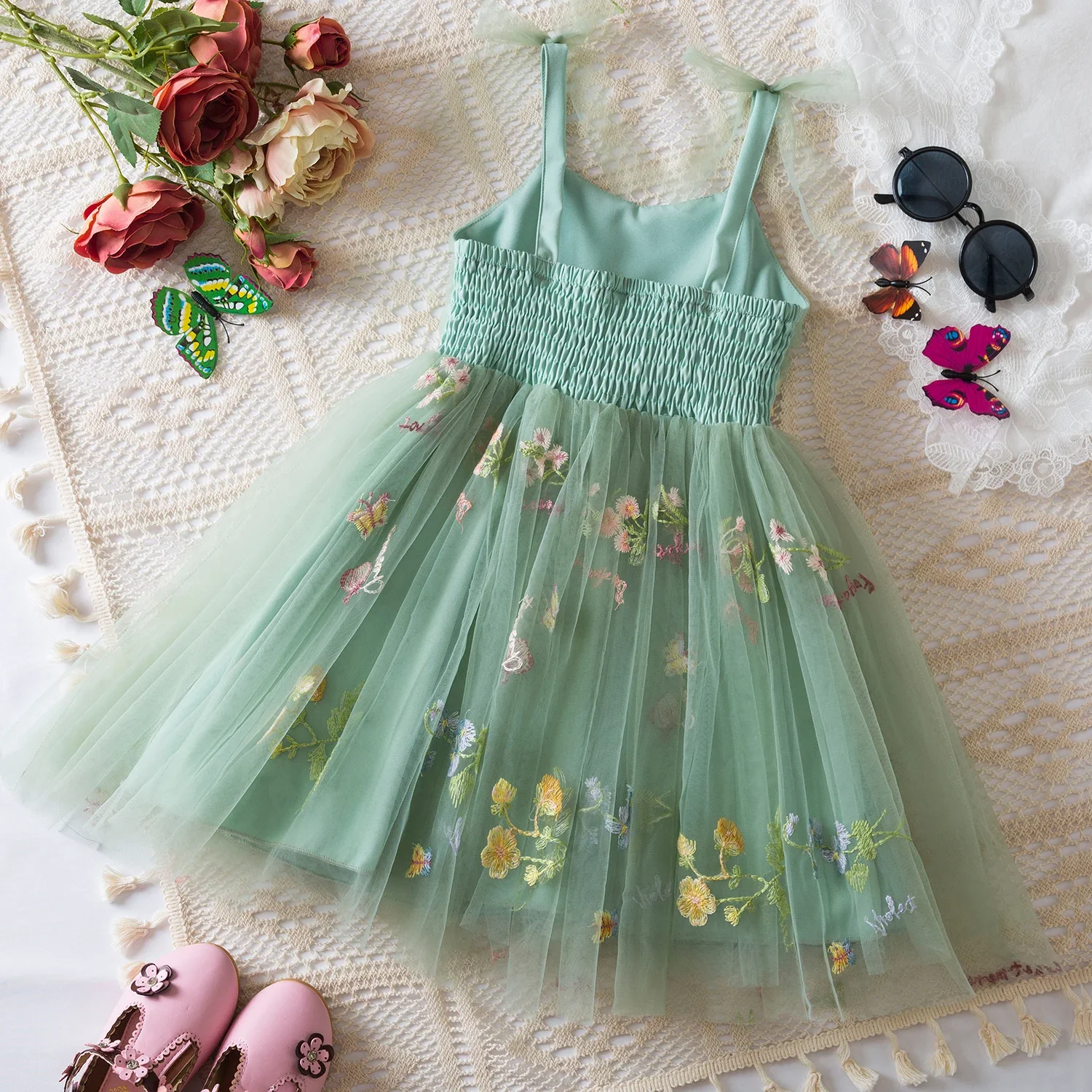 Summer New Baby Girl Dress Sweet Suspender Tulle Causal Princess Dress Flower Embroidery Bow Birthday Party Dress 1-5 Years