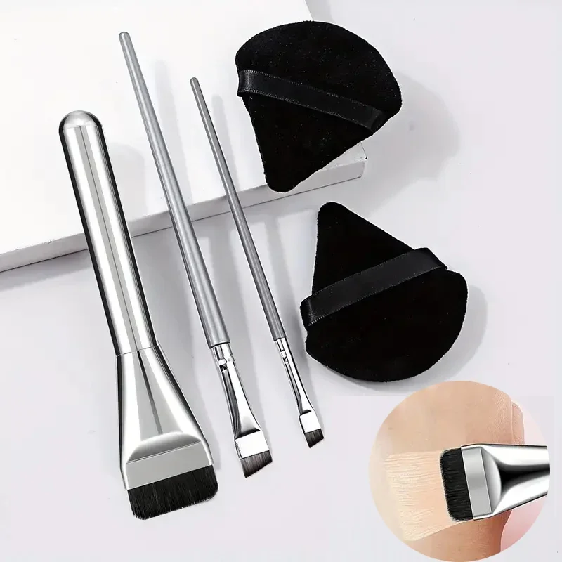 5pcs Makeup Brush Tool Set Ultra Thin One Line Foundation Brush with 2 Extra Eyeliner Brushes And 2 Triangle Shaped Powder Puffs