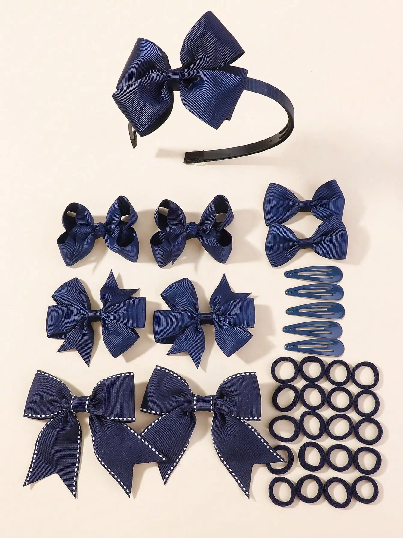 34-teiliges Haar-Accessoires-Set für Babys, Mädchen, Schulanfang, handgefertigt, marineblaues Band, Haarspangen, Bänder, Seil, niedliche Kinder-Haar-Accessoires