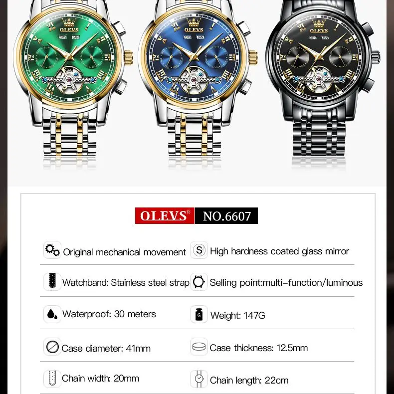 OLEVS Original Automatic Mechanical Watch for Men Stainless Steel Strap Tourbillon Skeleton Design Business TOP Brand Male Watch