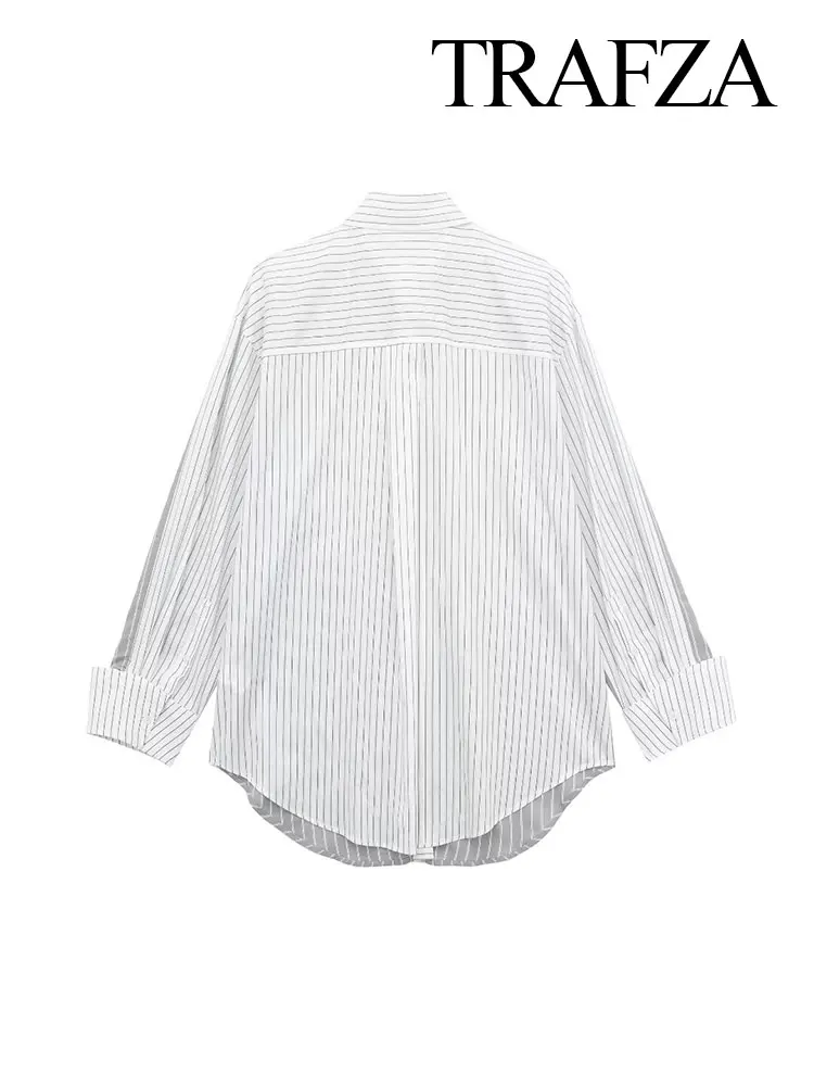 TRAFZA Women\'s Elegant Stripes Shirts 2024 Spring Patchwork Lapel Loose With Pocket Long Sleeve Causal Commuter Blouse Retro Top