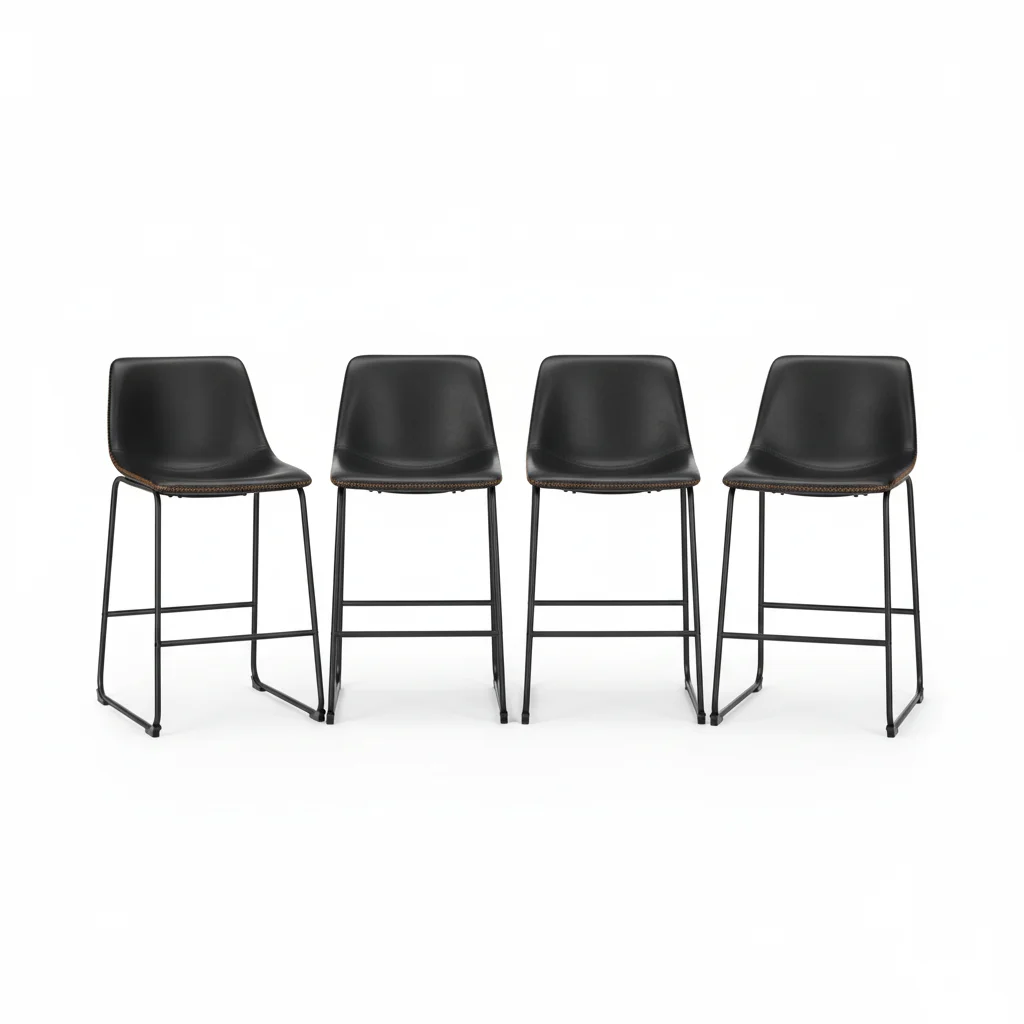 مجموعة من 4 مقاعد بار عصرية من الجلد الصناعي مع أرجل خلفية ومعدنية، وكراسي بار بارتفاع 26 بوصة لجزيرة المطبخ، باللون الأسود #1