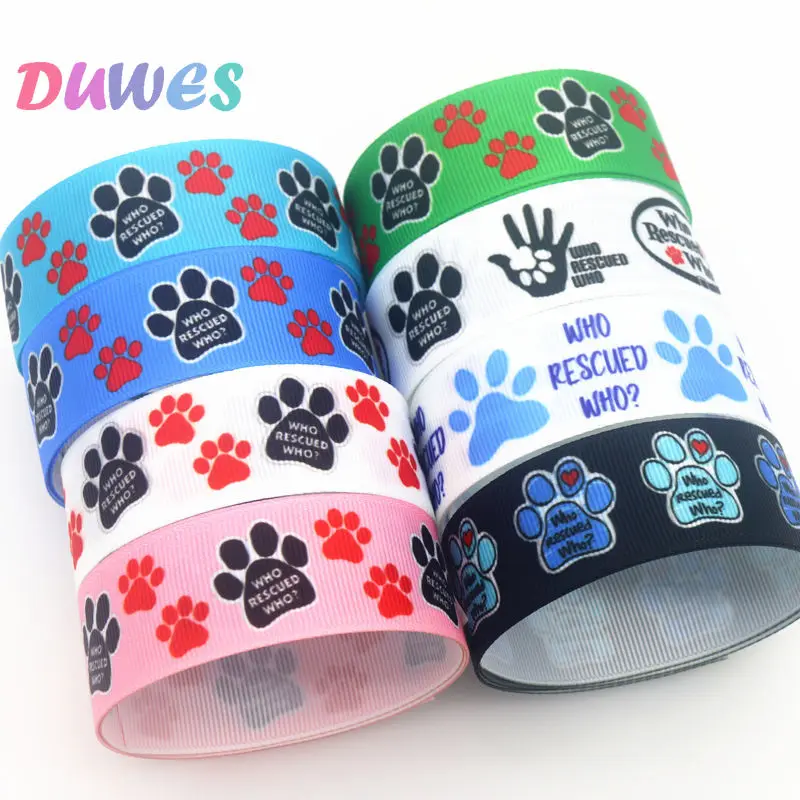 DUWES 50yards dog paw who rescued who Printed Grosgrain Ribbon Accessories Material Headwear Decoration DIY Sewing Craft D1838