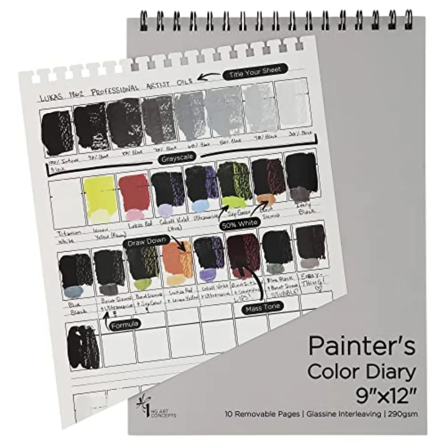 

Painters Color Diary - 9x12 Spiral-Bound Acid- Free Color Swatch Book with 10 Pages for Acrylic or Oil Paint - 2 Pack