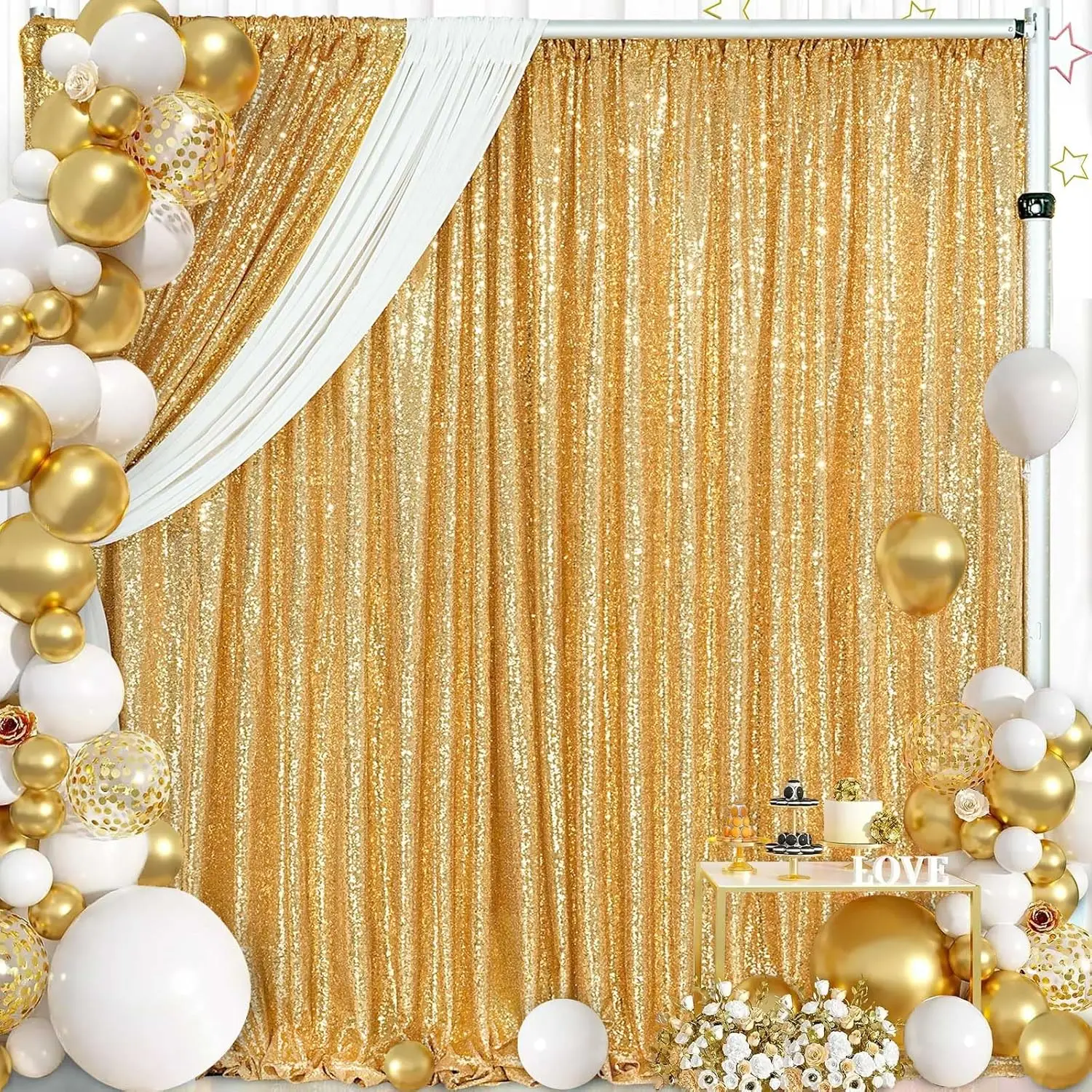 

Золотой фон с блестками, шторы, 3 панели, 8 футов x 8 футов, блестящий золотой фон для фото, вечерние, свадебные, детские, занавески для душа, блестящие фотографии