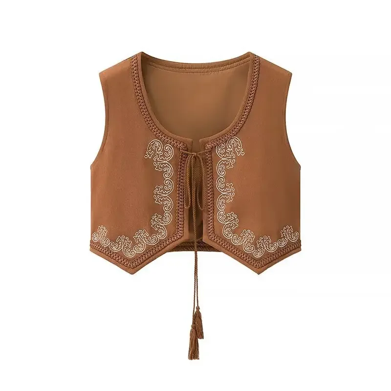 

Vintage Embroidery Lace Up Vests Coat Women Jacket O-neck Sleeveless Short Velvet Vest Tops Casual Waistcoat