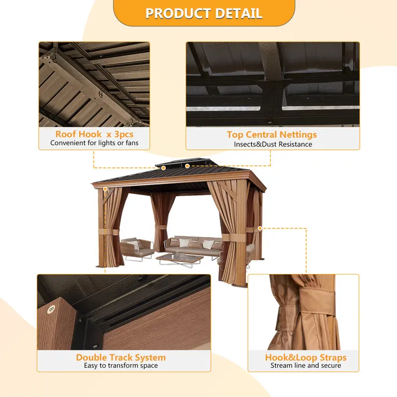 12ft. L x 10 kaki. D Gazebo berbingkai Cedar luar ruangan dengan baja Hardtop permanen kayu jadi paviliun