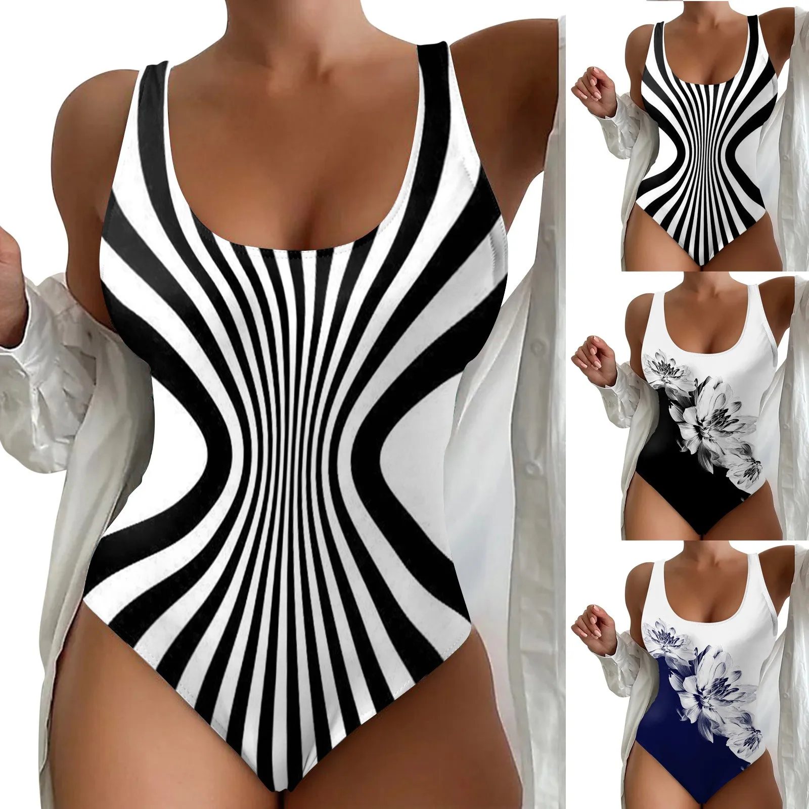 Bañador de una pieza para mujer, ropa de playa teñida con lazo, traje de baño estampado en 3D