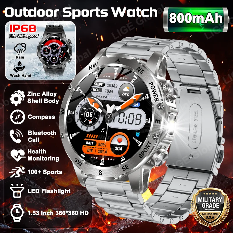 

LIGE Outdoor New 800mAh Battery Military Smart Watch Men IP68 Waterproof Compass Flashlight HD Bluetooth Call 100+ Sports Watch