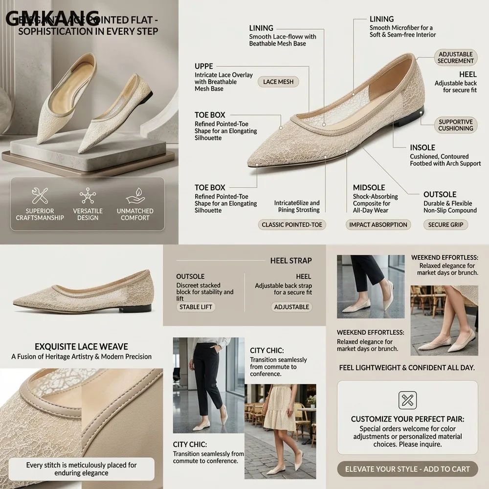 Minimal Crack Mesh Women's Pointed Toe Slip On Flats Thin Tiny Heel Breathable Bridal Casual GMKANG Shoes
