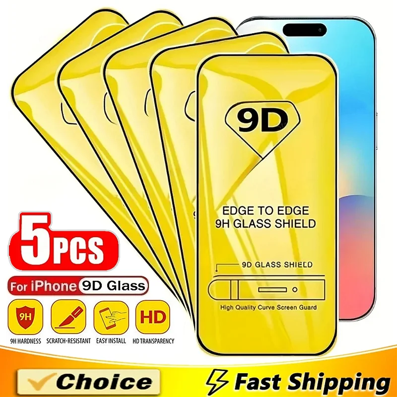 

5Pcs 9D Protective Glass For iPhone 17 16 15 14 11 12 13 Pro Max Screen Protector For iPhone XR X XS 16 15 Plus Tempered Glass