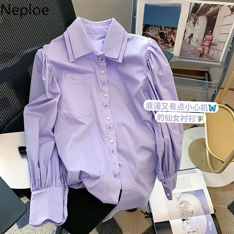 Neploe Camicia con colletto a doppio strato viola 2024 Estate Nuovo coreano Camicette sottili di alta qualità Femme Chic Dolce Gentle Casual Blusas