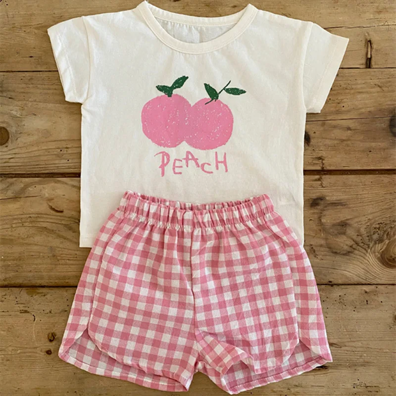 

2025insBaby Summer Fruit Short Sleeve Cotton Set Refreshing Plaid Shorts Two Piece Set Refreshing Breathable