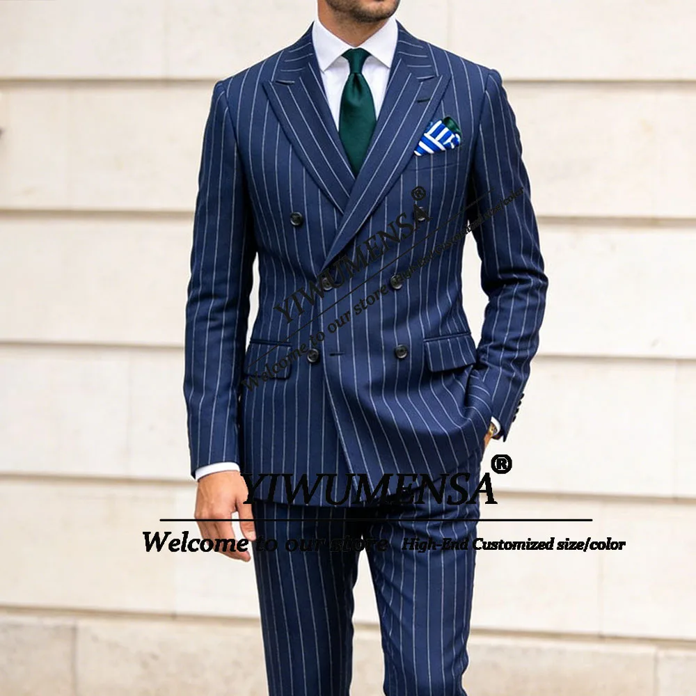 

Classic Men's Suits Double Breasted Vertical Pinstripe Jacket Pants 2 Piece Sets Groom Formal Wear Tuxedos Customized Man Outfit