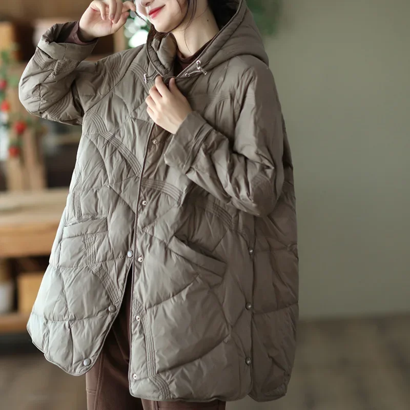 2024 women's medium and long down jacket, winter new hooded, literary and retro down jacket