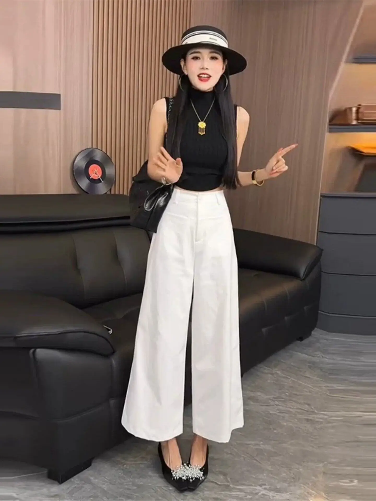 White Casual Pants Women's Summer Thin Wide Leg High Waist Slimming Loose Hip Covering Nine Points Wide Leg Pants