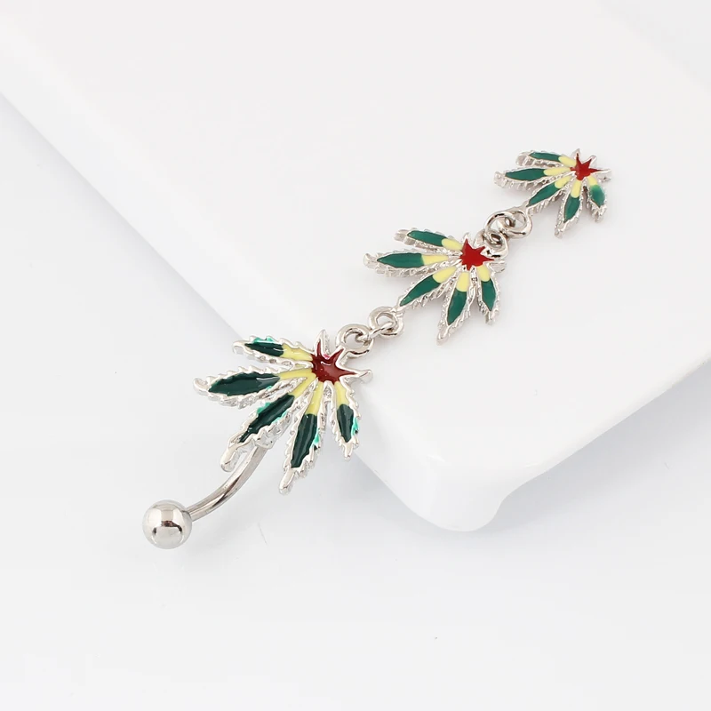 Belly button ring Maple leaves Epoxy 14G 10mm stainless steel rod Punk Body Piercing Nickel-free Fashion jewerly