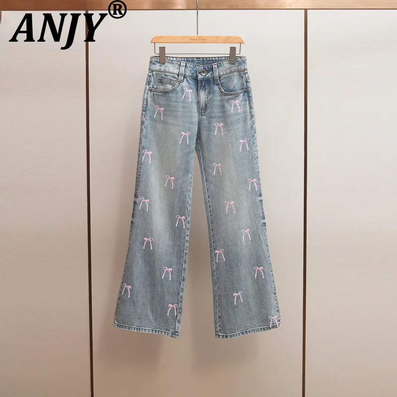 ANJY Spring Autumn New Women High-End French Style Casual Versatile Bows Printed Sweet Denim Pants Tide Chic Washed Jeans A20594