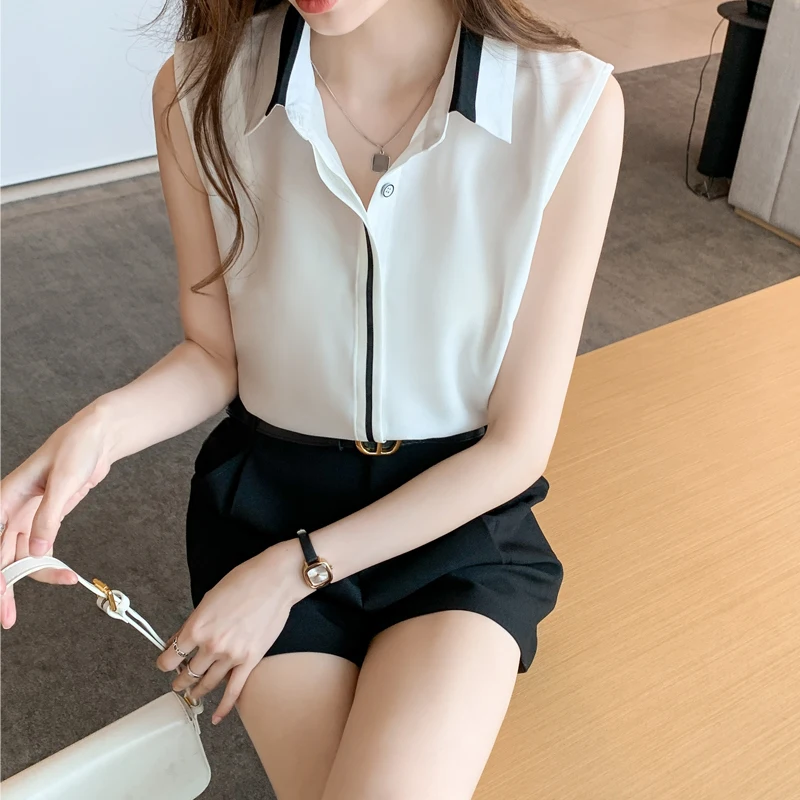 White Shirt Tank Tops Blouse for Women Summer Fashion Shirts and Blouses Basic OL Sleeveless Womens Tops Chiffon Female Clothing