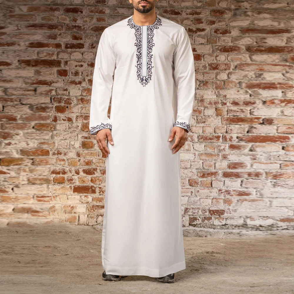 2024 New Men\'s Luxury White Muslim Moroccan Style Abaya Classic Embroidered Long Sleeve Formal Wear Islamic Arabic Thobe