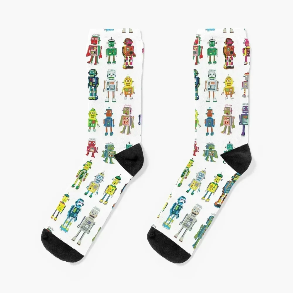 Robot Line-up on White - fun pattern by Cecca Designs Socks Hiking boots bright garter man Designer Man Socks Women's