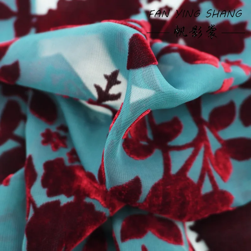 Tthe Green Wine Red Flower Burnt Out Velvet Fabric For Dress Telas Para Costura Tissus Couture ткань
