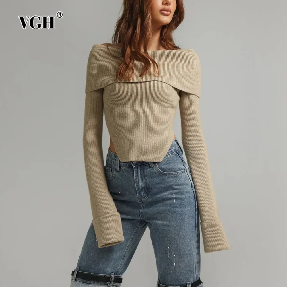 

VGH Solid Irreguar Hem Knitted Sweater For Women Slash Neck Long Sleeve Backless Tunic Minimalist Slim Pullover Sweaters Female