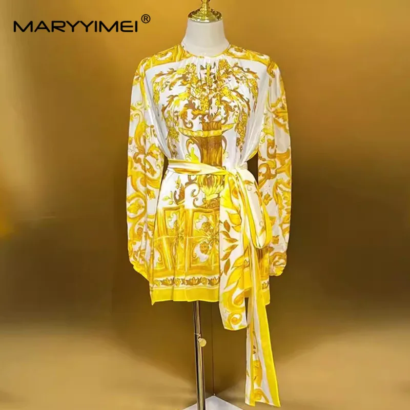 MARYYIMEI Fashion Designer Spring Summer Women's cotton shorts Lace-UP Baroque Print Streetwear Long-Sleeved Silk Tops