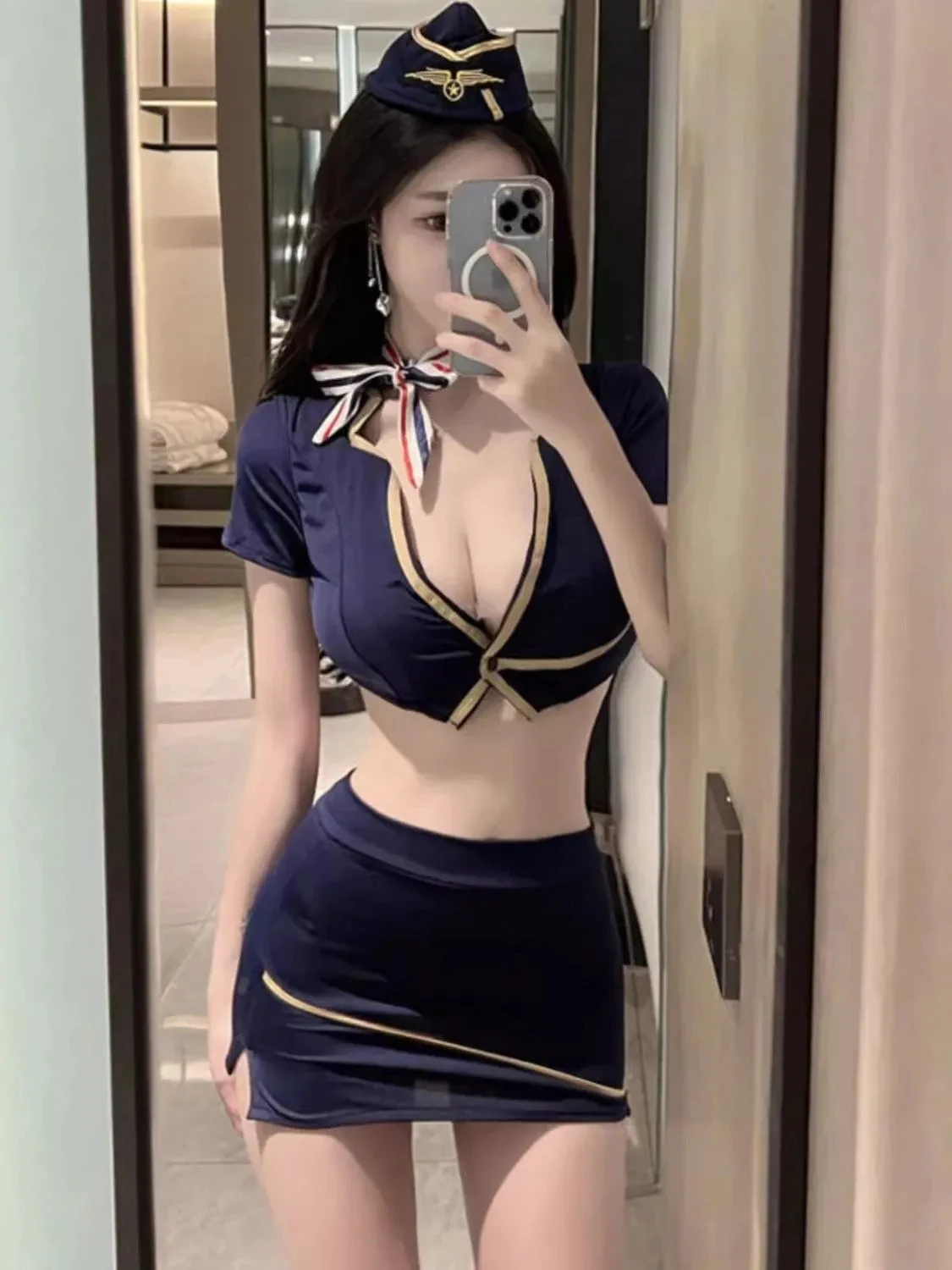 Deep V top, sexy lingerie, flight attendant uniform, professional attire, body-hugging short skirt, seductive couple\'s adult pro