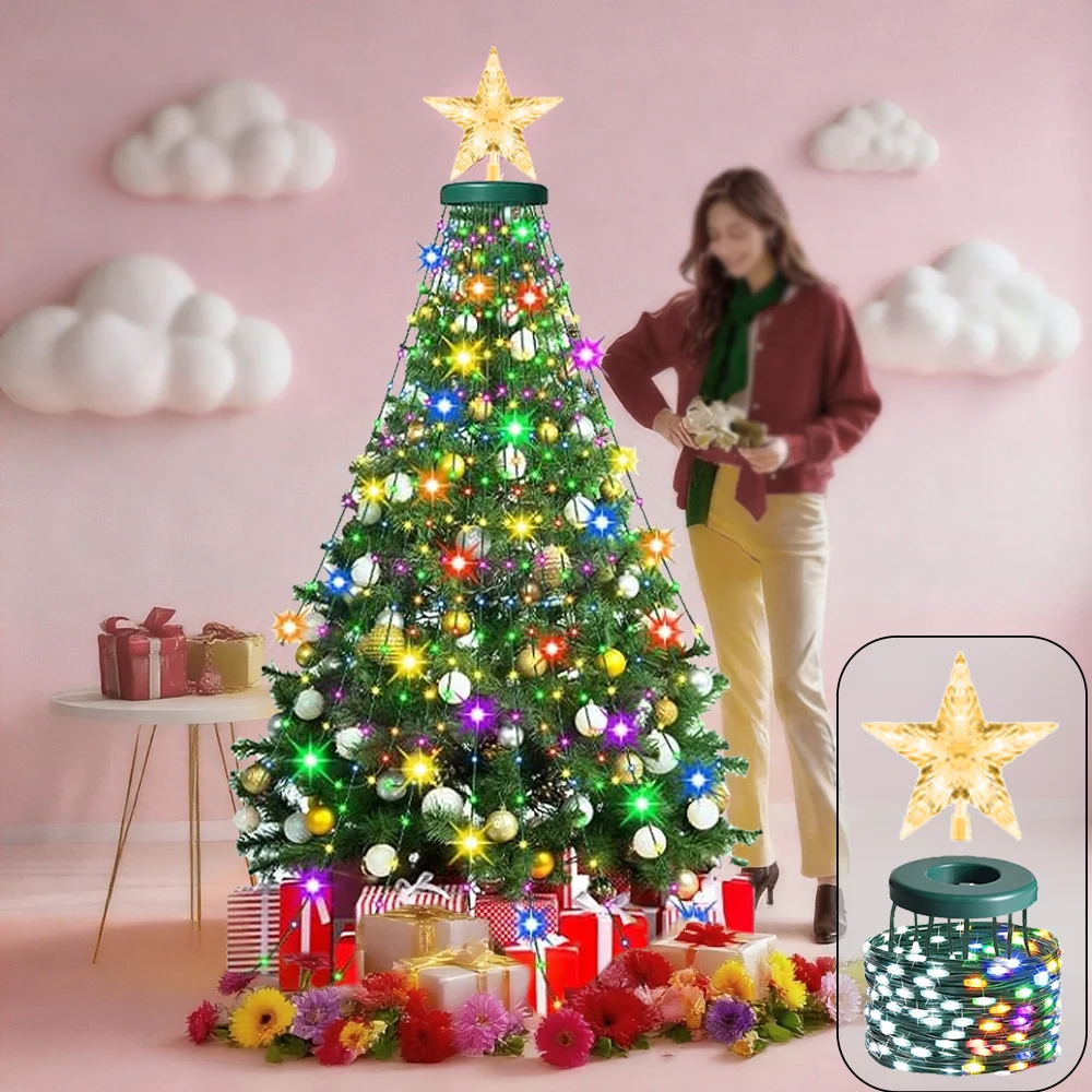400 LED 2.1-Meter Waterproof Cascade Christmas Tree Lights with Timer, Dimmable Multi-Color, Multiple Lighting Modes for Holiday