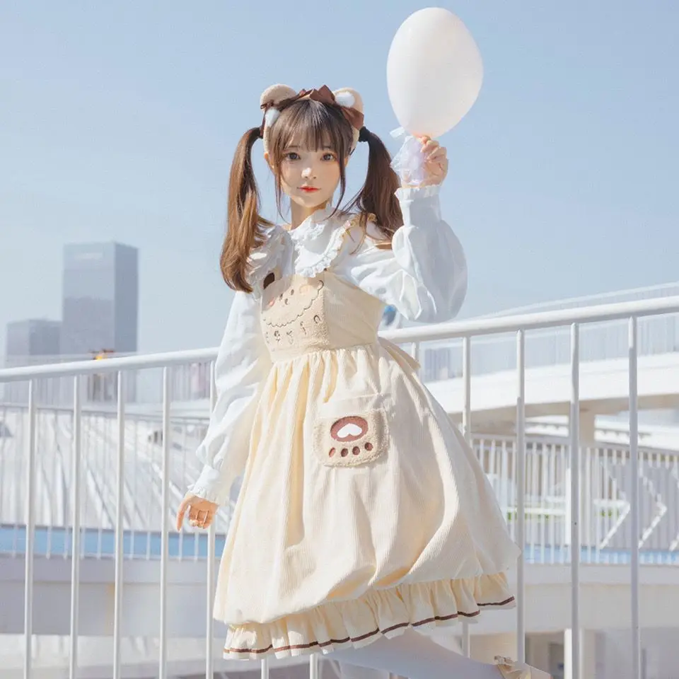 Little Brown Bear Daily Jsk Sling Dress Corduroy Cute Student Lolita Dress Fairy Dresses Soft Lolita Clothing