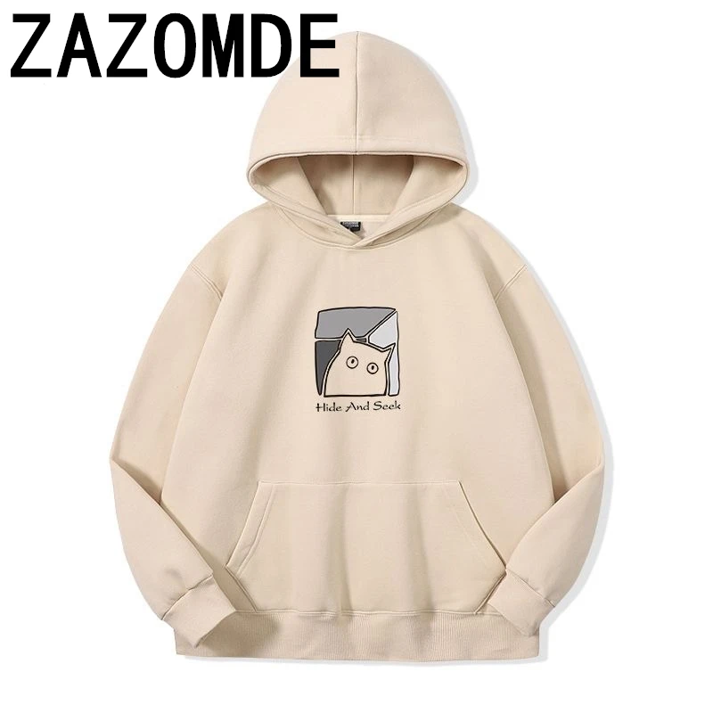 

ZAZOMDE Japanese Simple O-neck Sweatshirt Autumn Winter Cat Printed Long-sleeved Casual Loose Coats Men Hoodies Male Clothes