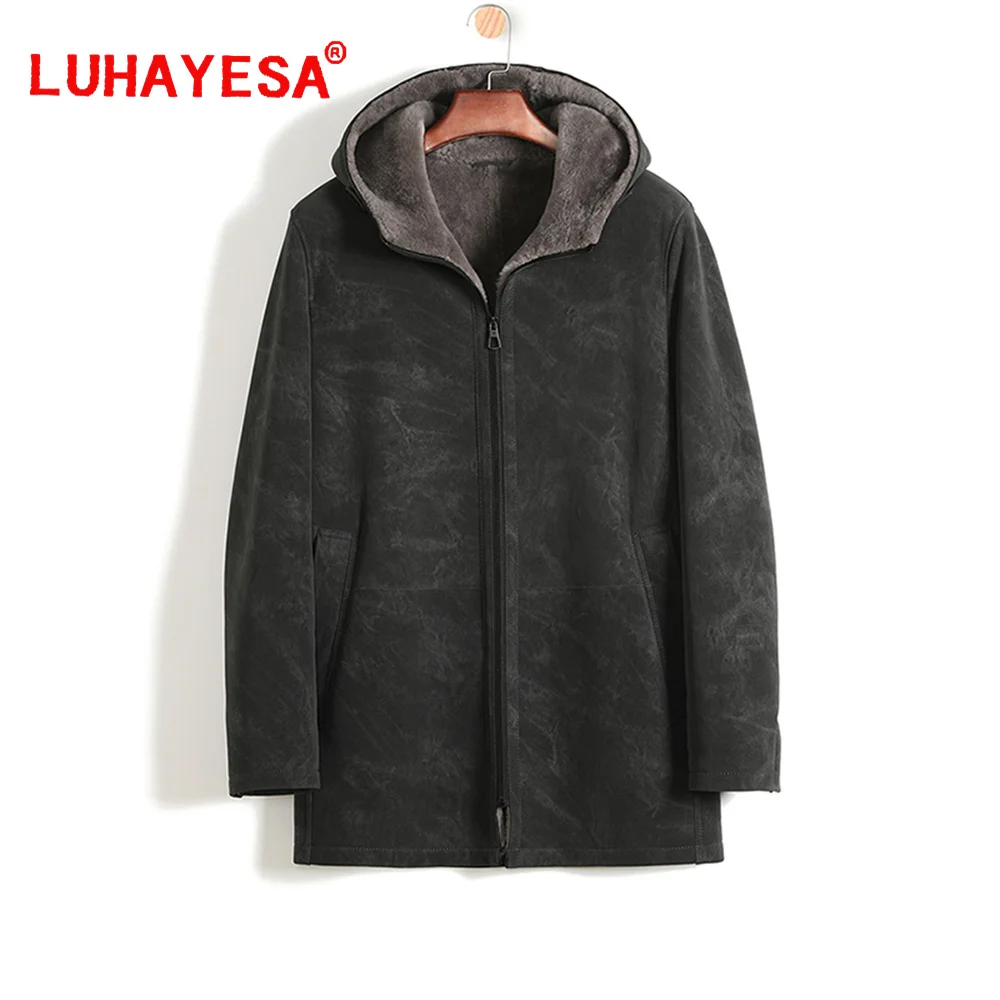 

2023 LUHAYESA Hooded Men Winter Casual Daily Merino Sheepskin Shearling Fur Coats Top Quality Real Fur Jackets