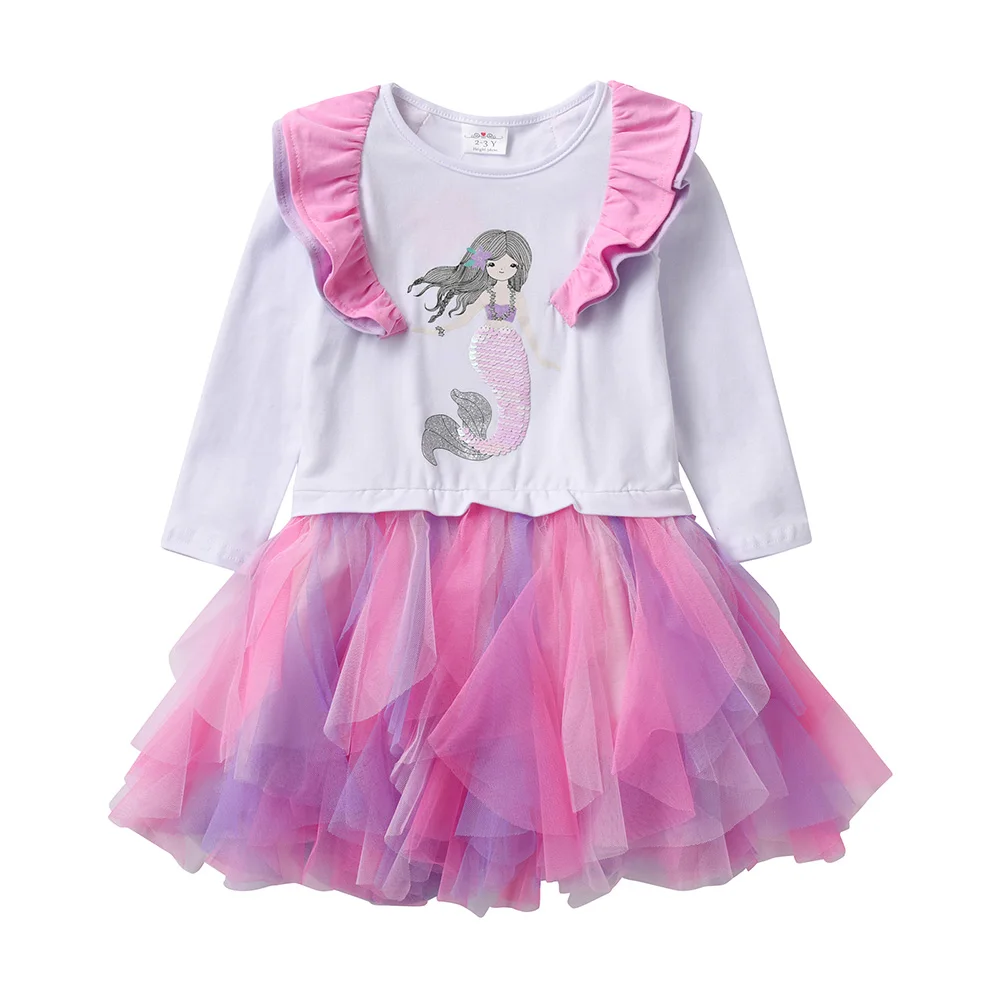 

VIKITA 2025 New Kids Mermaid Sequined Appliqued Long Sleeve Dress Kids Party Performance Prom Gown Girls Princess Tutu Dresses